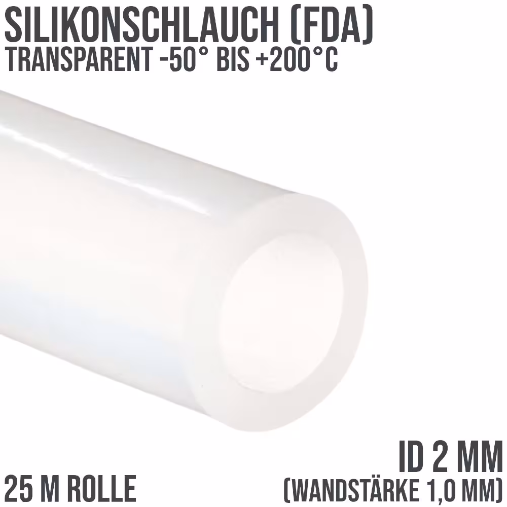 Tubo per il latte in silicone 2 x 4 mm trasparente per alimenti FDA 0,60 bar - rotolo da 25 m, tubi in silicone, articolo n. SI10204RO-25
