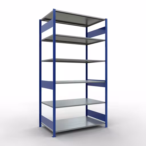 Scaffale base, scaffale, sistema a innesto MULTIplus150, 2500 x 1300 x 800 mm (AxLxP), 6 ripiani, barre longitudinali, RAL 5010 blu genziana/zincato di Schulte Lagertechnik con l'articolo n. 12781-130-LR-B