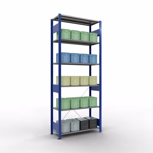 Scaffale base, scaffale, sistema a innesto MULTIplus85, 2500 x 1000 x 400 mm (AxLxP), 6 ripiani, traversa, RAL 5010 blu genziana della marca Schulte Lagertechnik della gamma sistemi a innesto