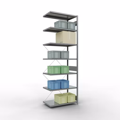 Scaffali componibili, scaffali, sistema a innesto MULTIplus250, 3000 x 1000 x 600 mm (AxLxP), 7 ripiani, traversa, zincato della categoria scaffali componibili con GTIN 4004514203069 Scaffali componibili, scaffali, sistema a innesto MULTIplus250, 3000 x 1000 x 600 mm (AxLxP), 7 ripiani, traversa, zincato della marca Schulte Lagertechnik della gamma dei sistemi a innesto