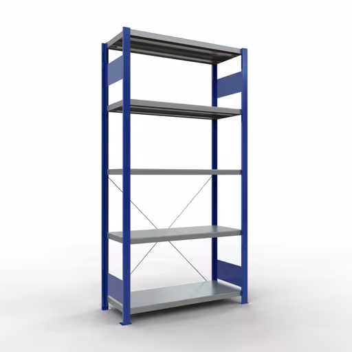 Scaffale base, scaffale, sistema a innesto MULTIplus250, 2000 x 1000 x 400 mm (AxLxP), 5 ripiani, traversa, RAL 5010 blu genziana/zincato di Schulte Lagertechnik con l'articolo n. 12940-B