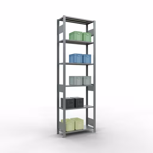Scaffale base, scaffale, sistema a innesto MULTIplus150, 2500 x 750 x 300 mm (AxLxP), 6 ripiani, barre longitudinali, zincato di Schulte Lagertechnik della categoria Sistema a innesto