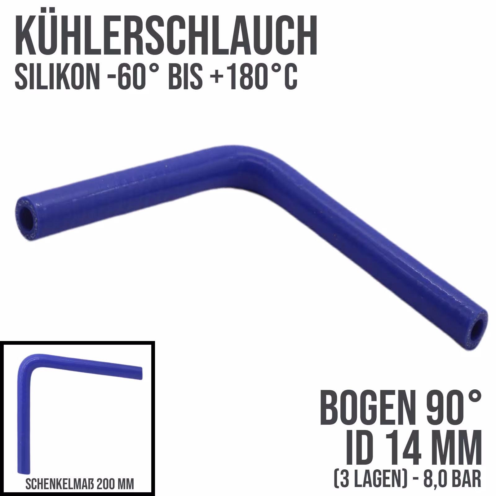Tubo flessibile per radiatore 14 x 22 mm curva in silicone 90° LLK Tubo flessibile per aria di raffreddamento e raffreddamento blu (8 bar) - 200 mm, tubi dell'acqua di raffreddamento, articolo n. KSB014-090-200GA