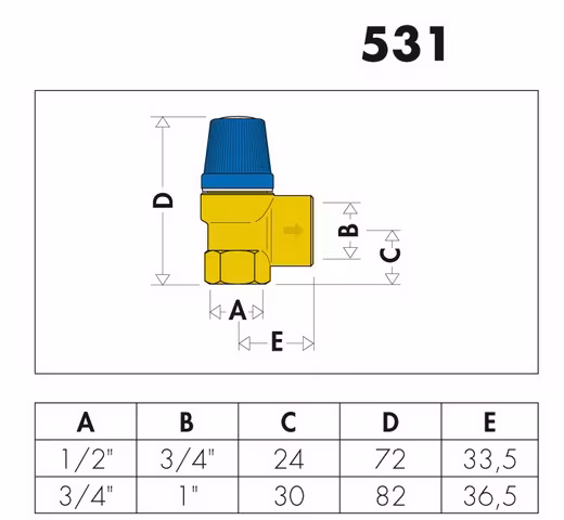 Soupape de sécurité à membrane CA 1/2" x 3/4", 10 bar pour eau sanitaire, type Caleffi 531410 de Caleffi Caleffi soupape de sécurité eau potable 1/2" 6-10bar, soupape de sécurité eau potable, article n° 531410