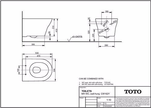 Technische Zeichnung 4069239 TOTO MH WC suspendu sans rebord blanc Tornado Flush chasse d'eau profonde