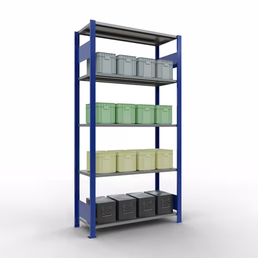 Produktbild Nr 12 des Artikels Grundregal, Fachbodenregal Stecksystem MULTIplus85, 2000 x 1000 x 400 mm (HxBxT), 5 Fachböden, Längenriegel, RAL 5010 enzianblau Abbildung Nr 12 des Artikels Grundregal, Fachbodenregal Stecksystem MULTIplus85, 2000 x 1000 x 400 mm (HxBxT), 5 Fachböden, Längenriegel, RAL 5010 enzianblau aus der Produktgruppe Stecksystem von der Marke Schulte Lagertechnik