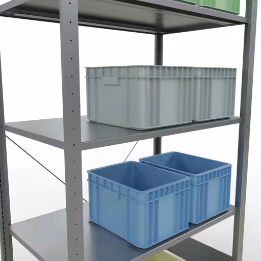 Une autre vue de l'article Etagère Basic, étagère, système enfichable MULTIplus150, 2000 x 1000 x 600 mm (HxLxP), 5 étagères, traverse, galvanisé - Expressline Une autre vue de l'article Etagère de base, étagère à étagères, système enfichable MULTIplus150, 2000 x 1000 x 600 mm, 5 étagères, galvanisé - Expressline de la catégorie système enfichable