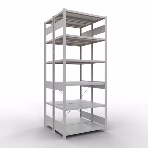 Une autre vue de l'article Étagère de base, étagère double, système d'étagères enfichables MULTIplus250, 2500 x 1000 x (2x500) mm, 2x6 étagères, RAL 7035 gris clair de la catégorie étagères
