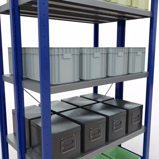 Image du produit n° 16 de l'article Étagère de base, étagère double, système d'étagère enfichable MULTIplus250, 2000 x 1000 x (2x300) mm (HxLxP), 2x5 étagères, traverse, RAL 5010 bleu gentiane Figure n° 16 de l'article étagère de base, étagère double, système d'étagères MULTIplus250, 2000 x 1000 x (2x300) mm, 2x5 étagères, RAL 5010 bleu gentiane du groupe de produits étagères de la marque Schulte Lagertechnik