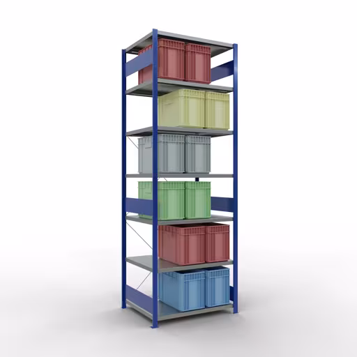 Scaffale base, scaffale, sistema a innesto MULTIplus250, 3000 x 1000 x 800 mm (AxLxP), 7 ripiani, traversa, RAL 5010 blu genziana/zincato di Schulte Lagertechnik della categoria Sistema a innesto