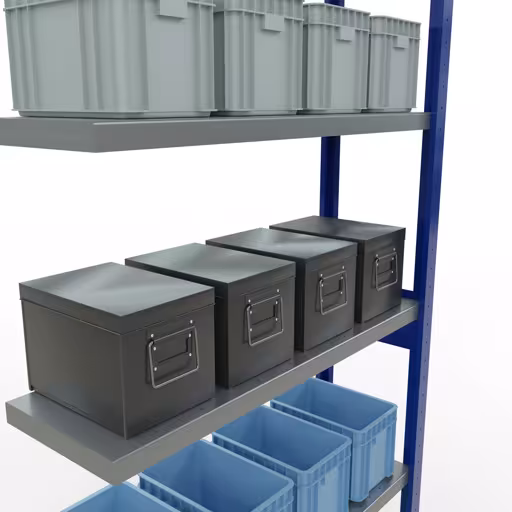 Scaffali aggiuntivi, scaffali, sistema a innesto MULTIplus330, 2500 x 1000 x 300 mm (AxLxP), 6 ripiani, barre longitudinali, RAL 5010 blu genziana/zincato di Schulte Lagertechnik della categoria Sistemi a innesto