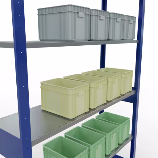 Grundregal, Fachbodenregal Stecksystem MULTIplus150, 2500 x 1300 x 400 mm (HxBxT), 6 Fachböden, Längenriegel, RAL 5010 enzianblau/verzinkt mit der GTIN 4058255012435 Grundregal, Fachbodenregal Stecksystem MULTIplus150, 2500 x 1300 x 400 mm (HxBxT), 6 Fachböden, Längenriegel, RAL 5010 enzianblau/verzinkt von Schulte Lagertechnik mit der Artikelnr. 12741-130-LR-B