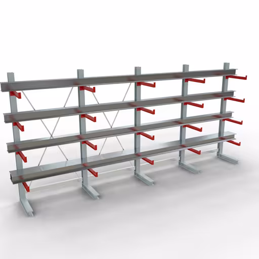 Etagère complète K 3000, unilatérale, 2500 x 5200 x 600 mm, RAL 7001 / RAL 3000, 5 niveaux de stockage de la catégorie K3000 pour marchandises moyennement lourdes avec le GTIN 4058255001385 Étagère complète K 3000, unilatérale, 2500 x 5200 x 600 mm, RAL 7001 / RAL 3000, 5 niveaux de stockage de Schulte Lagertechnik de la gamme de rayonnages cantilever
