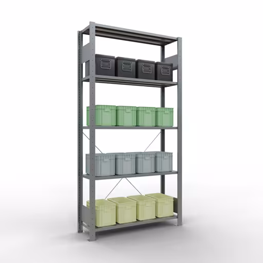 Image supplémentaire de l'article Étagère de base, étagère, système enfichable MULTIplus150, 2000 x 1000 x 300 mm (HxLxP), 5 étagères, traverse, galvanisé - Expressline Représentation supplémentaire de l'article étagère de base, étagère à étagères, système enfichable MULTIplus150, 2000 x 1000 x 300 mm, 5 étagères, galvanisé - Expressline à partir de l'étagère de base