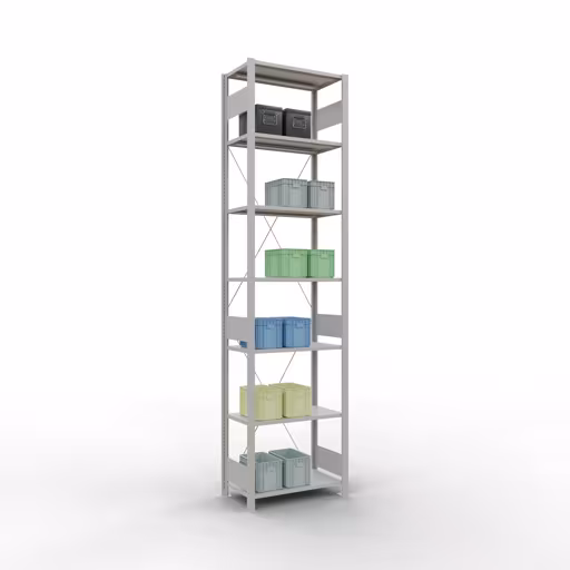 Étagère de base, étagère à étagères, système enfichable MULTIplus150, 3000 x 750 x 400 mm (HxLxP), 7 étagères, traverse, RAL 7035 gris clair avec le numéro d'article. 32642-75 Étagère de base, étagère, système enfichable MULTIplus150, 3000 x 750 x 400 mm, 7 étagères, traverse, gris clair RAL 7035 de Schulte Lagertechnik de la catégorie système enfichable