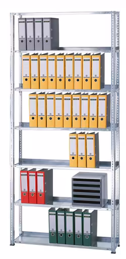 Étagère de base, étagère de bureau, système de vis MULTIplus85, 2300 x 1000 x 300 mm (HxLxP), 6 étagères, galvanisées, avec bande de butée, système de vis, réf. 10455