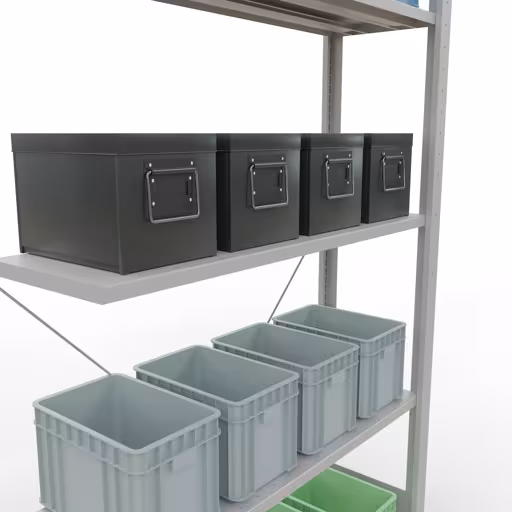 Image du produit n° 13 de l'article Rayonnage complémentaire, rayonnage à étagères, système enfichable MULTIplus85, 2000 x 1000 x 300 mm (HxLxP), 5 étagères, traverse, RAL 7035 gris clair Figure n° 13 de l'article étagère complémentaire, étagère à étagères, système enfichable MULTIplus85, 2000 x 1000 x 300 mm, 5 étagères, traverse, RAL 7035 gris clair du groupe de produits système enfichable de la marque Schulte Lagertechnik