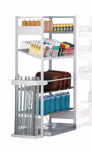 Étagère de base, module d'étagères M1, 2000 x 1000 x 500 mm, gris clair RAL 7035/galvanisé, 4 étagères MULTIplus150 de Schulte Lagertechnik avec la référence réf. Achetez 12750-M1 sur qpool24