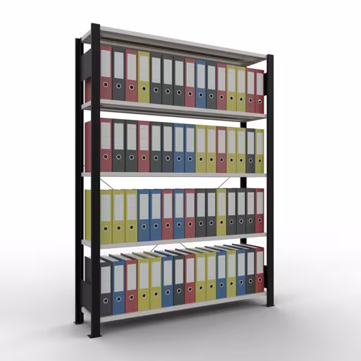 Scaffale Basic, scaffale per ufficio, sistema a innesto MULTIplus85, 1800 x 1300 x 300 mm (AxLxP), 5 ripiani, traversa, senza barra di arresto, nero/grigio chiaro della marca Schulte Lagertechnik dal programma scaffali per ufficio