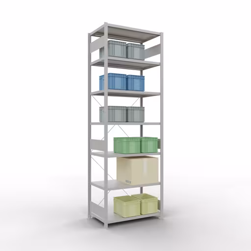 Scaffale base, scaffale, sistema a innesto MULTIplus250, 3000 x 1000 x 600 mm (AxLxP), 7 ripiani, traversa, RAL 7035 grigio chiaro di Schulte Lagertechnik della categoria Sistema a innesto