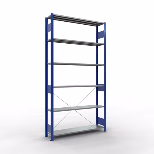 Une autre vue de l'article Etagère Basic, étagère, système enfichable MULTIplus150, 2500 x 1300 x 300 mm, 6 étagères, traverse, RAL 5010 bleu gentiane/galvanisé de la catégorie système enfichable
