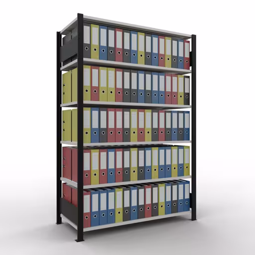 Scaffale base, scaffale per ufficio, sistema a innesto MULTIplus150, 2000 x 1300 x 600 mm (AxLxP), 6 ripiani, barre longitudinali, senza fermo centrale, nero/grigio chiaro della marca Schulte Lagertechnik dal programma scaffali per ufficio