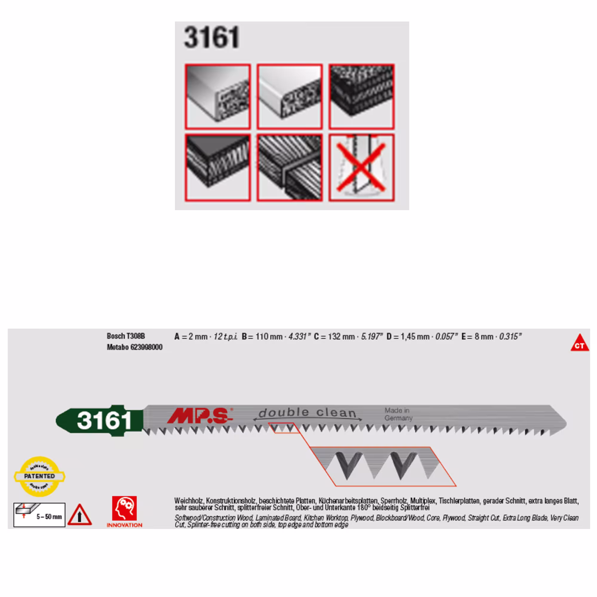 Lame de scie sauteuse CV rectifiée, denture radiale, longueur totale 132/longueur dentée 110 mm, pas de dent 2,0 mm avec le GTIN 4028655503161 Lame de scie sauteuse CV rectifiée, denture radiale, longueur totale 132/longueur dentée 110 mm, pas de dent 2,0 mm de MPS avec réf. 3161-5