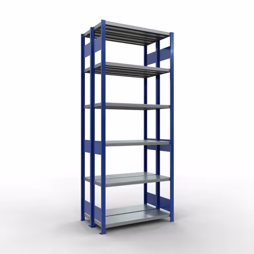 Un'altra vista dell'articolo scaffale base, scaffale doppio, sistema a innesto per scaffale MULTIplus250, 2500 x 1000 x (2x300) mm (AxLxP), 2x6 ripiani, barre longitudinali, RAL 5010 blu genziana dalla categoria scaffali