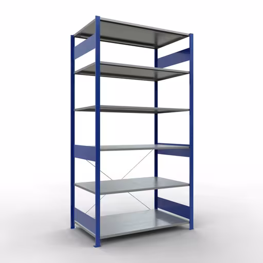 Scaffale base, scaffale, sistema a innesto MULTIplus150, 2500 x 1300 x 800 mm (AxLxP), 6 ripiani, traversa, RAL 5010 blu genziana/zincato di Schulte Lagertechnik con l'articolo n. 12781-130-B