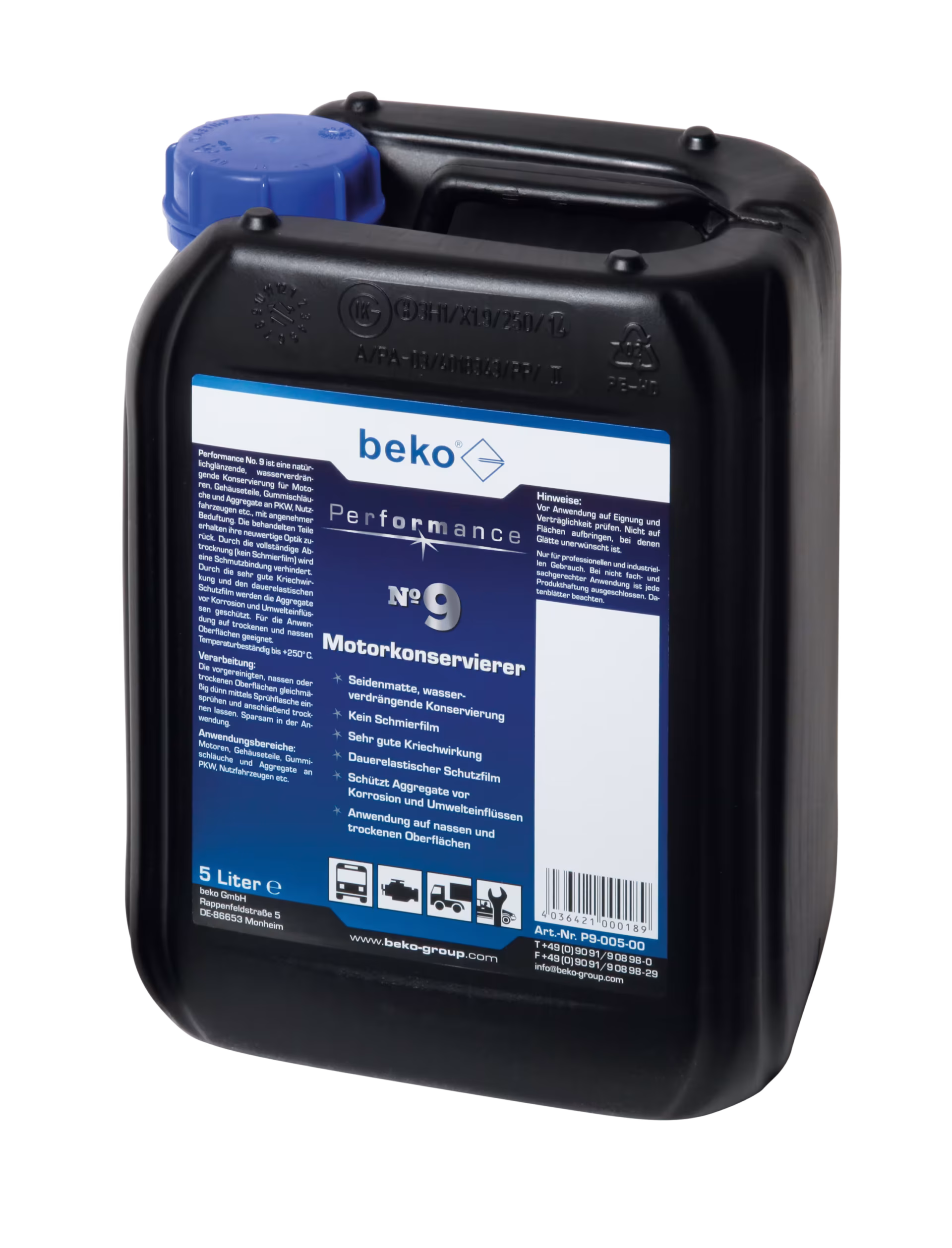 Numéro de performance. 9 bidons de 5 litres de conservateur de moteur de Beko Numéro de performance. 9 conservateurs de moteur en bidon de 5 l de la catégorie des produits d'entretien des véhicules avec le réf. P9-005-00