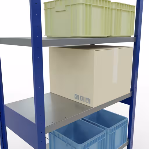 Étagère de base, étagère à étagères, système enfichable MULTIplus250, 2500 x 1000 x 500 mm, 6 étagères, traverse, RAL 5010 bleu gentiane/galvanisé de Schulte Lagertechnik avec le numéro d'article. 12951-B