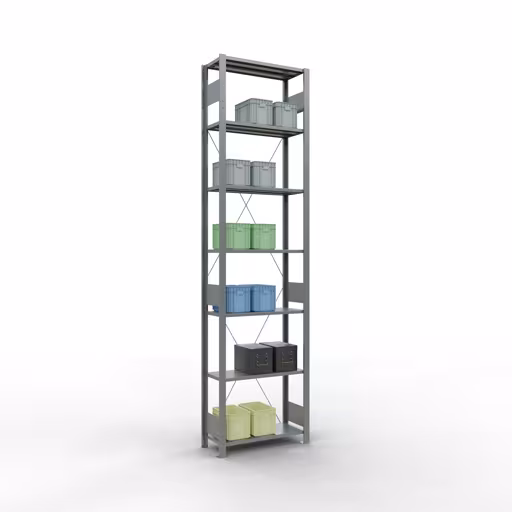 Scaffale base, scaffale, sistema a innesto MULTIplus150, 3000 x 750 x 300 mm (AxLxP), 7 ripiani, traversa, zincato di Schulte Lagertechnik della categoria Sistema a innesto