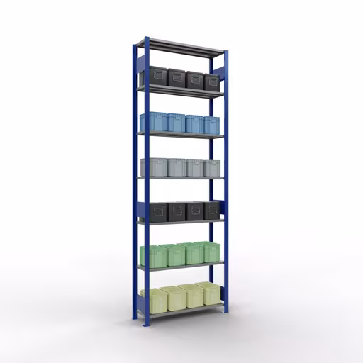 Étagère de base, étagère à étagères, système enfichable MULTIplus150, 3000 x 1000 x 300 mm, 7 étagères, RAL 5010 bleu gentiane/galvanisé de Schulte Lagertechnik avec le numéro d'article. 12732-LR-B
