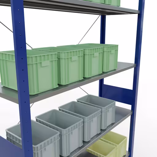 Zusatzbild des Artikels Grundregal, Fachbodenregal Stecksystem MULTIplus150, 3000 x 1300 x 400 mm (HxBxT), 7 Fachböden, Kreuzstrebe, RAL 5010 enzianblau/verzinkt Zusatzbild des Artikels Grundregal, Fachbodenregal Stecksystem MULTIplus150, 3000 x 1300 x 400 mm (HxBxT), 7 Fachböden, Kreuzstrebe, RAL 5010 enzianblau/verzinkt aus Grundregal