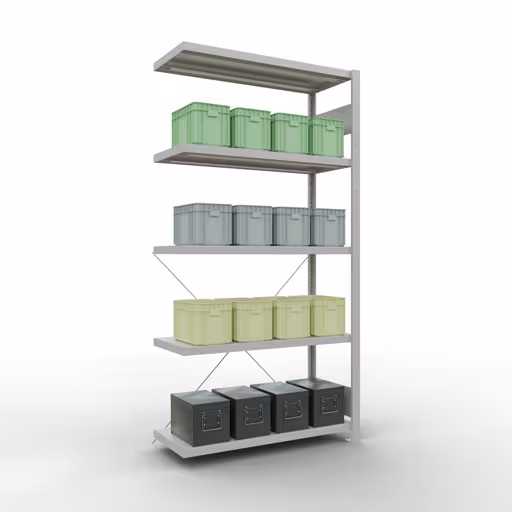 Rayonnage supplémentaire, rayonnage, système enfichable MULTIplus250, 2000 x 1000 x 400 mm, 5 tablettes, traverse, RAL 7035 gris clair avec le numéro d'article 1100001. 32845 , Étagère MULTIplus250 système enfichable, 2000 x 1000 x 400 mm, 5 étagères, RAL 7035 gris clair de Schulte Lagertechnik de la catégorie système enfichable