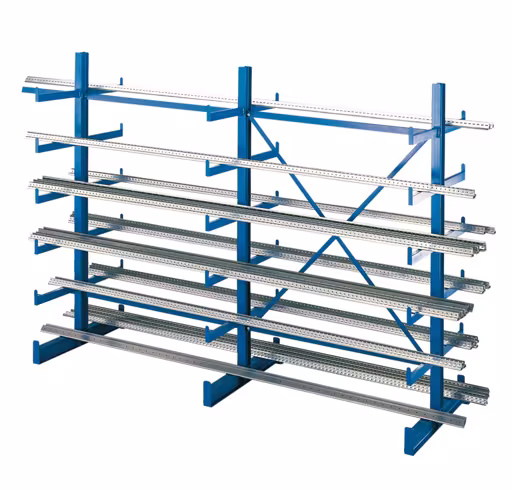 Une autre vue de l'article Kit de rayonnages cantilever K 1000, double face, 2000 x 2500 x 2x500, RAL 5010 bleu gentiane de la catégorie rayonnages cantilever