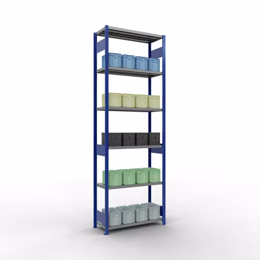 Scaffale base, scaffale, sistema a innesto MULTIplus250, 3000 x 1000 x 400 mm (AxLxP), 7 ripiani, barre longitudinali, RAL 5010 blu genziana/zincato della marca Schulte Lagertechnik della gamma sistemi a innesto