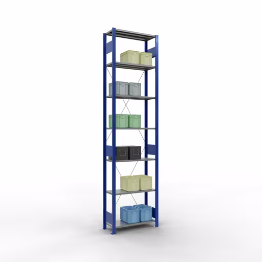 Une autre vue de l'article Etagère Basic, étagère, système enfichable MULTIplus150, 3000 x 750 x 300 mm, 7 étagères, traverse, RAL 5010 bleu gentiane/galvanisé/galvanisé Une autre vue de l'article étagère de base, étagère, système enfichable MULTIplus150, 3000 x 750 x 300 mm, 7 étagères, RAL 5010 bleu gentiane/galvanisé/galvanisé de la catégorie système enfichable