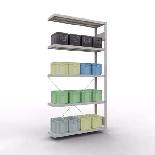 Étagère complémentaire, étagère, système enfichable MULTIplus330, 2000 x 1000 x 300 mm, 5 étagères, traverse, RAL 7035 gris clair de la catégorie étagère complémentaire avec le GTIN 4004514204363 Étagère supplémentaire, étagère, système enfichable MULTIplus330, 2000 x 1000 x 300 mm, 5 étagères, gris clair RAL 7035 de la marque Schulte Lagertechnik de la gamme de produits du système enfichable