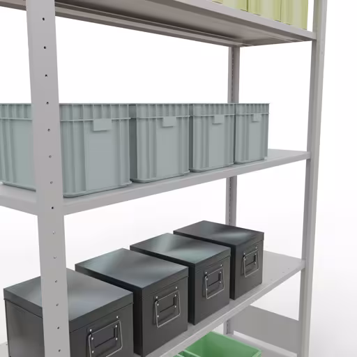 Étagère de base, étagère, système enfichable MULTIplus150, 2000 x 1300 x 400 mm, 5 étagères, barres de longueur, RAL 7035 gris clair de la catégorie d'étagères de base avec le GTIN 4004514292759 Étagère de base, étagère, système enfichable MULTIplus150, 2000 x 1300 x 400 mm, 5 étagères, gris clair RAL 7035 de Schulte Lagertechnik de la gamme de produits du système enfichable