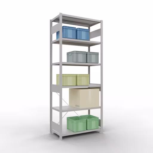 Image du produit n° 12 de l'article étagère de base, système enfichable MULTIplus250, 2500 x 1000 x 500 mm, 6 étagères, RAL 7035 gris clair de la gamme de produits système enfichable de la marque Schulte Lagertechnik