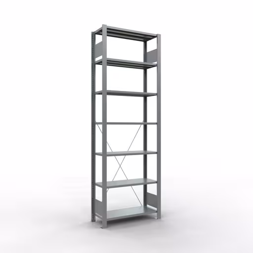 Scaffale base, scaffale per ufficio, sistema a innesto MULTIplus85, 2300 x 750 x 300 mm (AxLxP), 7 ripiani, traversa, zincato, senza barra di arresto di Schulte Lagertechnik Scaffale base, scaffale per ufficio, sistema a innesto MULTIplus85, 2300 x 750 x 300 mm (AxLxP), 7 ripiani, traversa, zincato, senza barra di arresto, sistema a innesto, articolo n. 17730