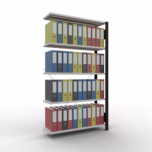 Produktbild Nr 11 des Artikels Anbauregal, Büro-Fachbodenregal Stecksystem MULTIplus85, 1800 x 1000 x 300 mm (HxBxT), 5 Fachböden, Kreuzstrebe, ohne Anschlagleiste, schwarz/lichtgrau Abbildung Nr 11 des Artikels Anbauregal, Büro-Fachbodenregal Stecksystem MULTIplus85, 1800 x 1000 x 300 mm (HxBxT), 5 Fachböden, Kreuzstrebe, ohne Anschlagleiste, schwarz/lichtgrau aus der Produktgruppe Büroregale von der Marke Schulte Lagertechnik