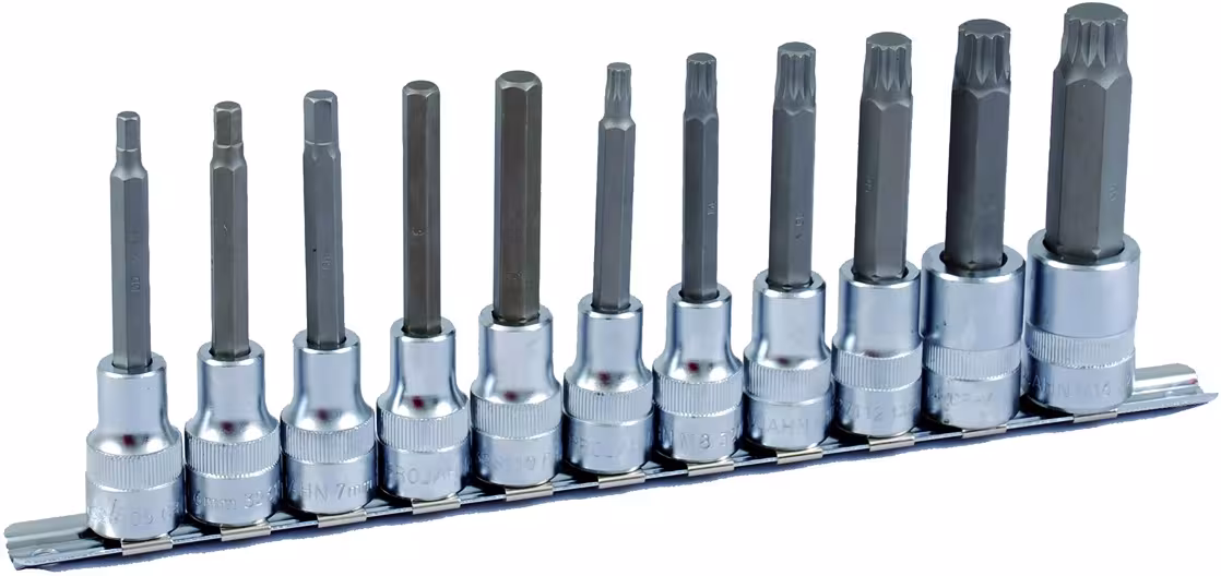 Set di bussole da 1/2" pollici su guida, 11 pezzi, esagonali + VZ, 100mm da PROJAHN Set di bussole da 1/2" pollici su guida, 11 pezzi, esagonali + VZ, 100 mm, set di chiavi a bussola e pezzi singoli, articolo n. 4232