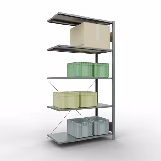 Image supplémentaire de l'article Étagère rapportée, étagère, système enfichable MULTIplus150, 2000 x 1000 x 500 mm (HxLxP), 5 étagères, traverse, galvanisé - Expressline Image supplémentaire de l'article Rayonnage complémentaire, étagère, système enfichable MULTIplus150, 2000 x 1000 x 500 mm, 5 étagères, galvanisé - Expressline à partir d'une étagère complémentaire