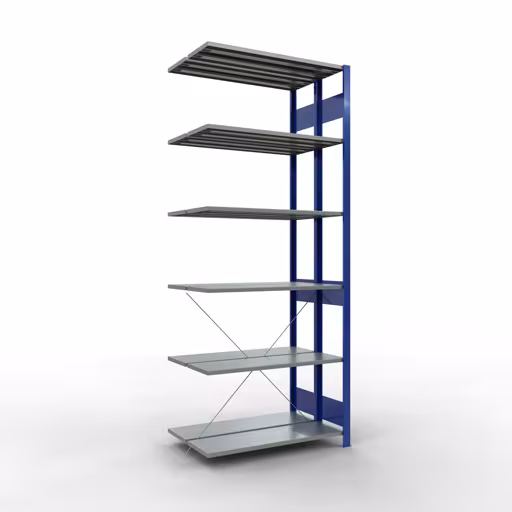 Produktbild Nr.16 des Artikels Anbauregal, Doppelregal, Fachbodenregal Stecksystem MULTIplus150, 2500 x 1000 x (2x300) mm (HxBxT), 2x6 Fachböden, Kreuzstrebe, RAL 5010 enzianblau aus der Produktreihe Fachbodenregale von der Marke Schulte Lagertechnik