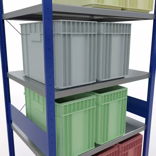 Grundregal, Fachbodenregal Stecksystem MULTIplus250, 3000 x 1000 x 800 mm (HxBxT), 7 Fachböden, Kreuzstrebe, RAL 5010 enzianblau/verzinkt mit der GTIN 4004514284211 Grundregal, Fachbodenregal Stecksystem MULTIplus250, 3000 x 1000 x 800 mm (HxBxT), 7 Fachböden, Kreuzstrebe, RAL 5010 enzianblau/verzinkt von Schulte Lagertechnik mit der Artikelnr. 12982-B