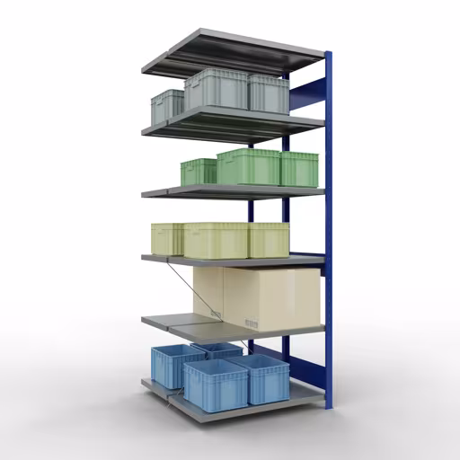 Produktbild Nr 14 des Artikels Anbauregal, Doppelregal, Fachbodenregal Stecksystem MULTIplus250, 2500 x 1000 x (2x500) mm (HxBxT), 2x6 Fachböden, Kreuzstrebe, RAL 5010 enzianblau Abbildung Nr 14 des Artikels Anbauregal, Doppelregal, Fachbodenregal Stecksystem MULTIplus250, 2500 x 1000 x (2x500) mm (HxBxT), 2x6 Fachböden, Kreuzstrebe, RAL 5010 enzianblau aus der Produktgruppe Fachbodenregale von der Marke Schulte Lagertechnik