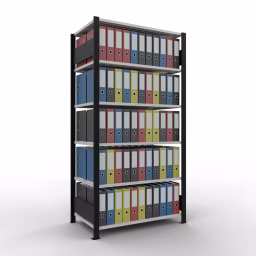 Figure n° 12 de l'article, étagère de bureau, système enfichable MULTIplus150, 2000 x 1000 x 600 mm, 6 étagères, avec butée centrale, noir/gris clair du groupe de produits étagères de bureau de la marque Schulte Lagertechnik