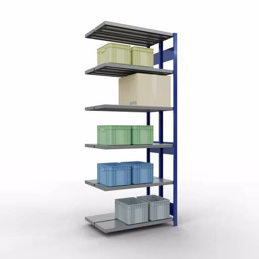 Rayonnage supplémentaire, rayonnage double, système d'étagères MULTIplus250, 2500 x 1000 x (2x300) mm, 2x6 tablettes, barres de longueur, RAL 5010 bleu gentiane de la catégorie rayonnage double avec le GTIN 4004514296238 , étagère double, système d'étagères MULTIplus250, 2500 x 1000 x (2x300) mm, 2x6 étagères, RAL 5010 bleu gentiane de Schulte Lagertechnik de la gamme d'étagères